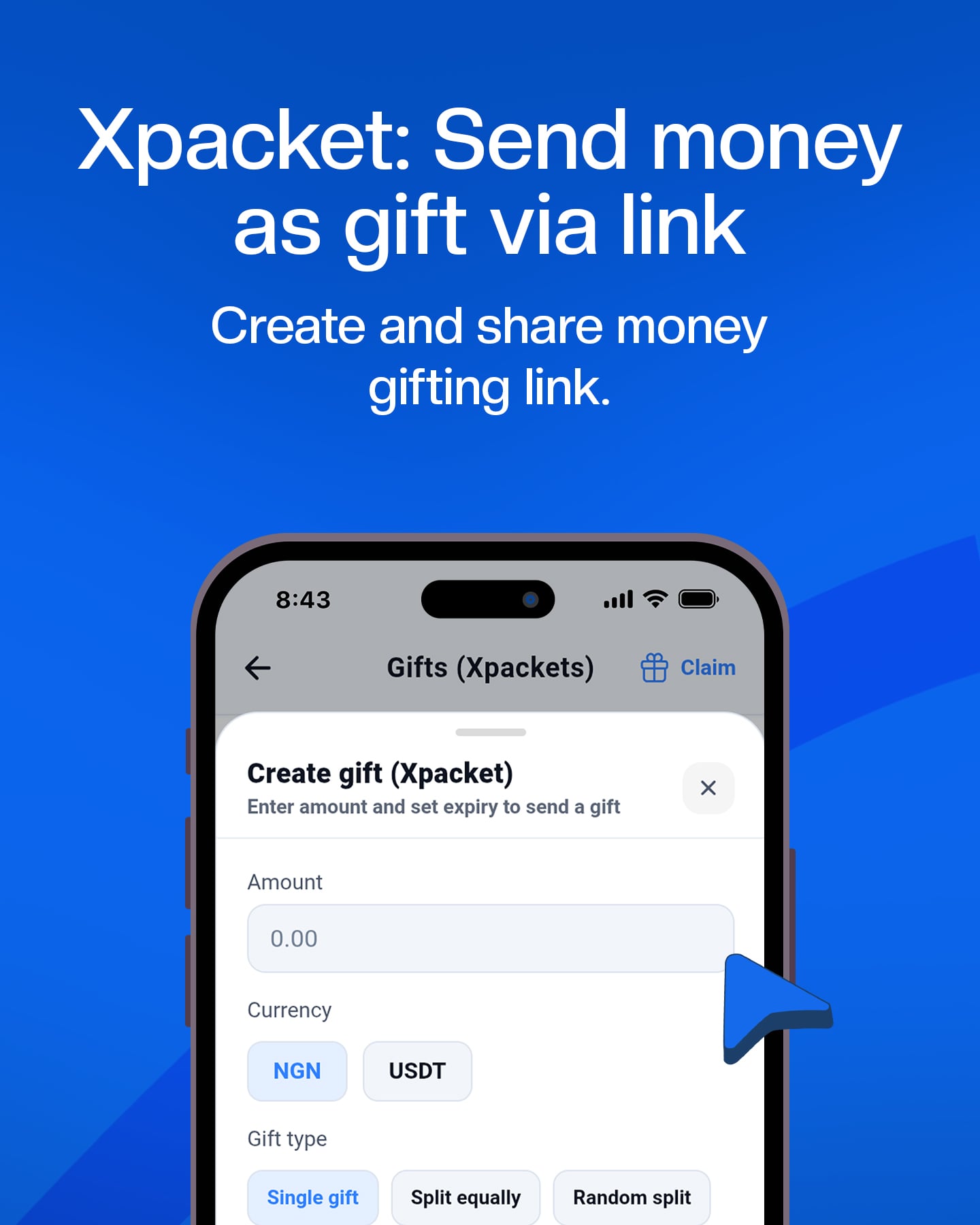 Xpacket, send money as a gift via link, single or split